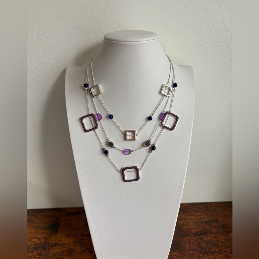 Three Tier Silver Necklace with Purple Accents